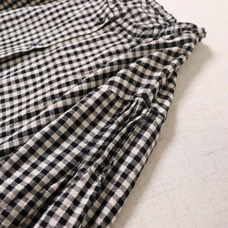 Long Sleeve Plaid Simple Buttons Ruffled Design Cotton Linen Midi Dress With Pockets - Image 14