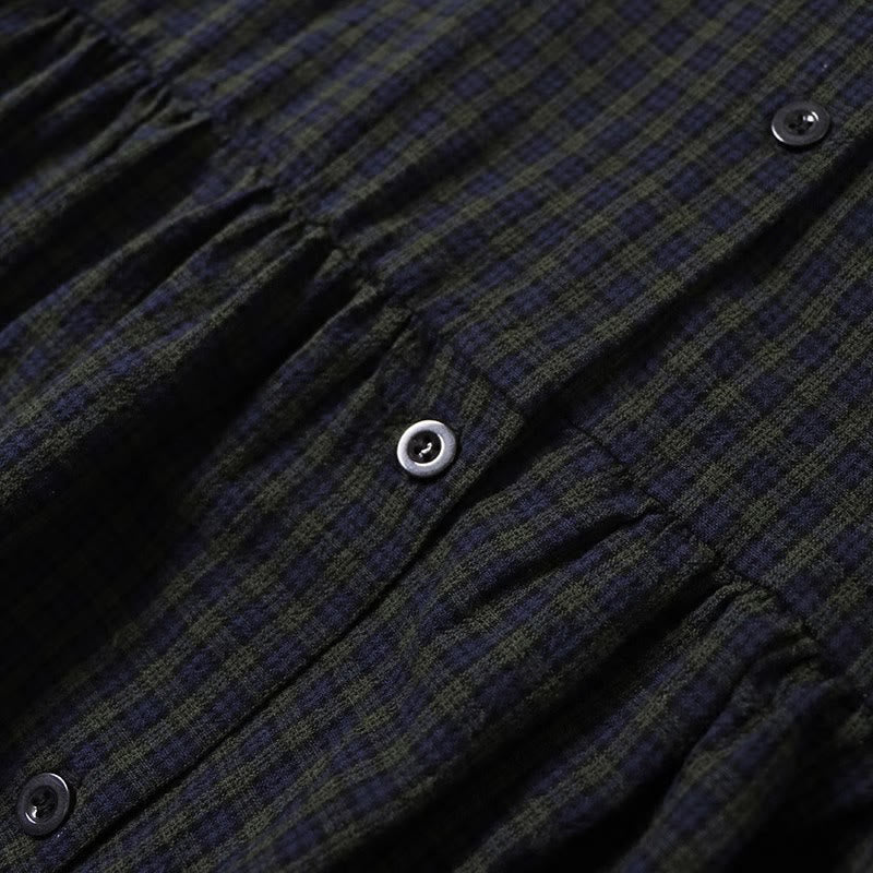 Long Sleeve Plaid Simple Buttons Ruffled Design Cotton Linen Midi Dress With Pockets - Image 3