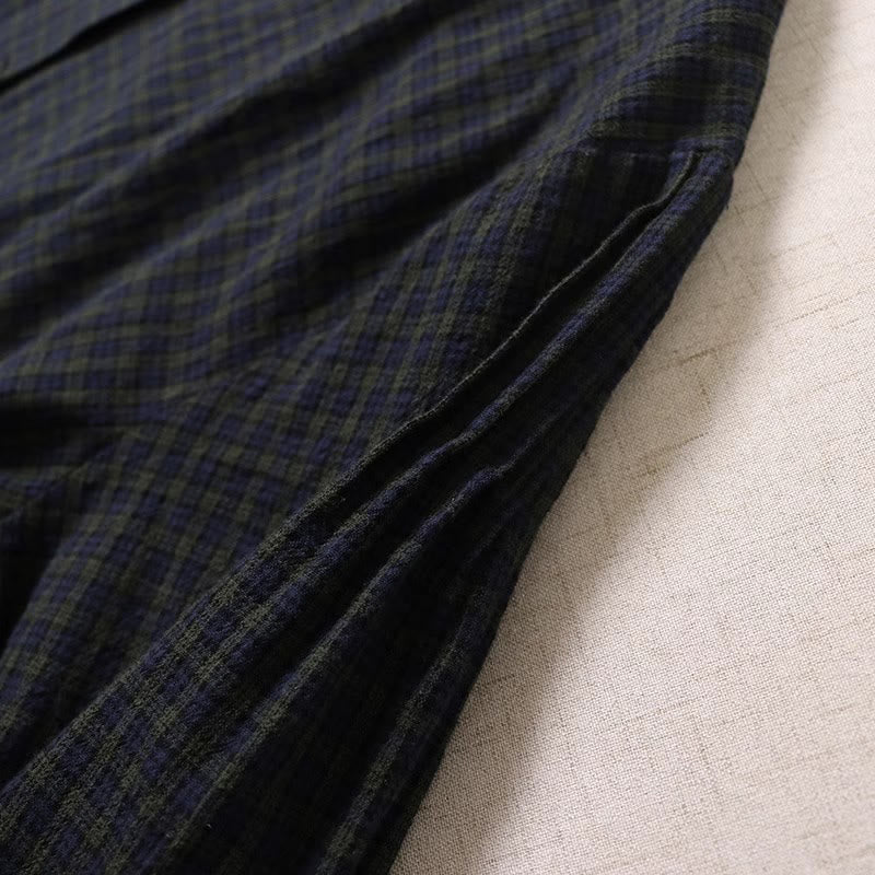 Long Sleeve Plaid Simple Buttons Ruffled Design Cotton Linen Midi Dress With Pockets - Image 5