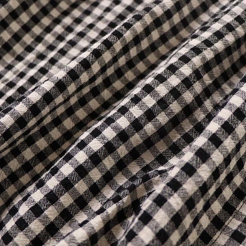 Long Sleeve Plaid Simple Buttons Ruffled Design Cotton Linen Midi Dress With Pockets - Image 17