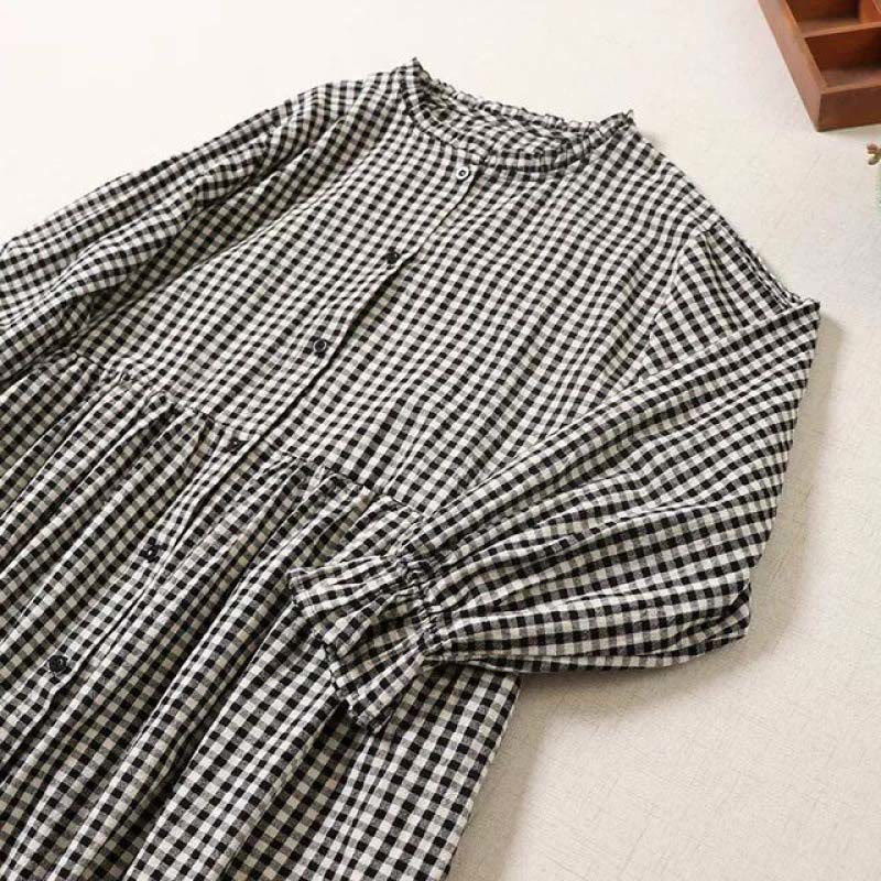 Long Sleeve Plaid Simple Buttons Ruffled Design Cotton Linen Midi Dress With Pockets - Image 10