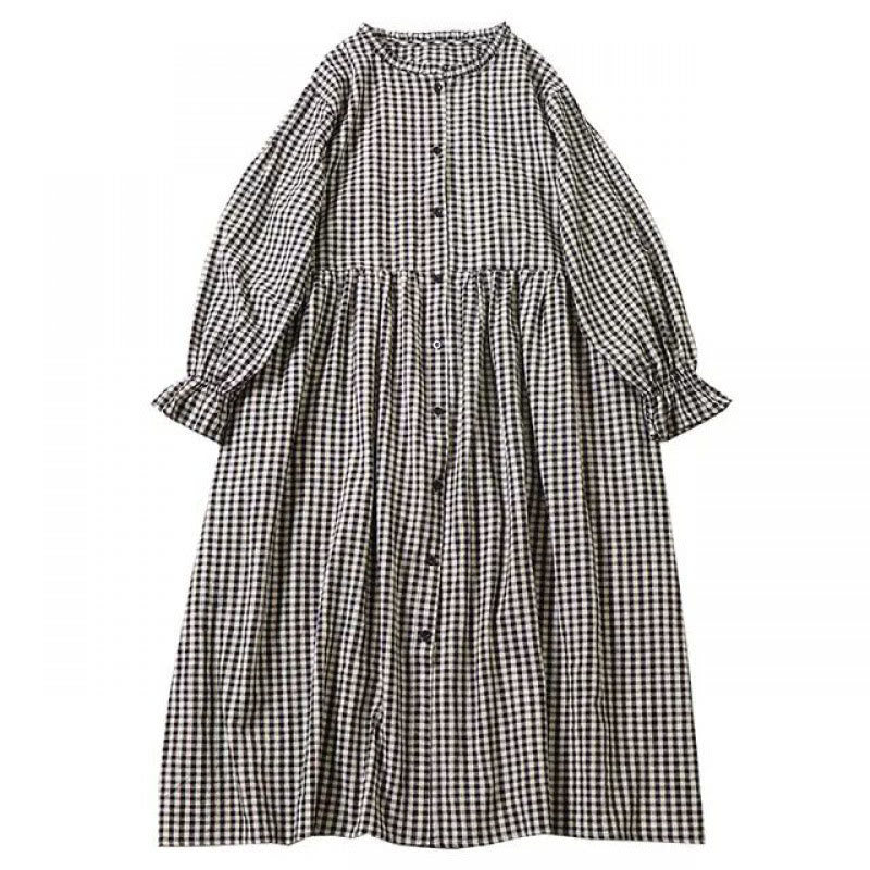 Long Sleeve Plaid Simple Buttons Ruffled Design Cotton Linen Midi Dress With Pockets - Image 20