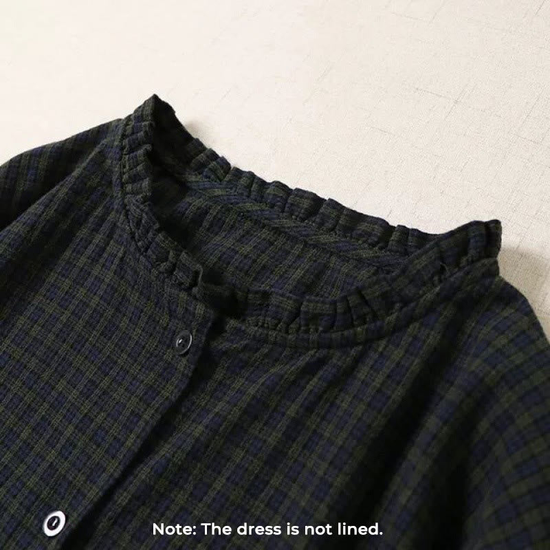 Long Sleeve Plaid Simple Buttons Ruffled Design Cotton Linen Midi Dress With Pockets - Image 2