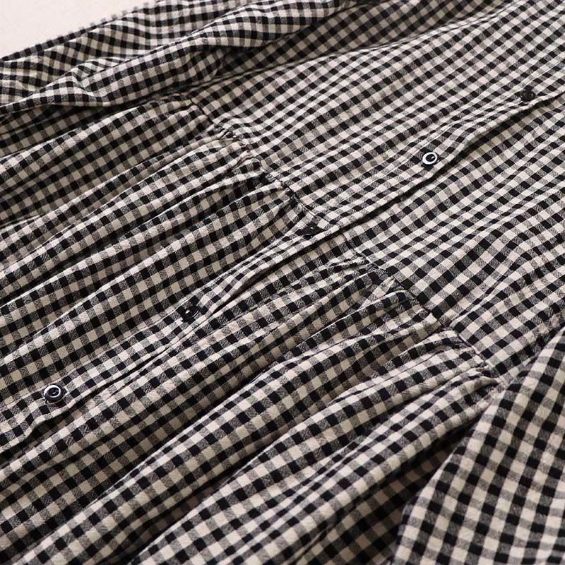 Long Sleeve Plaid Simple Buttons Ruffled Design Cotton Linen Midi Dress With Pockets - Image 15