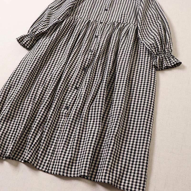 Long Sleeve Plaid Simple Buttons Ruffled Design Cotton Linen Midi Dress With Pockets - Image 11