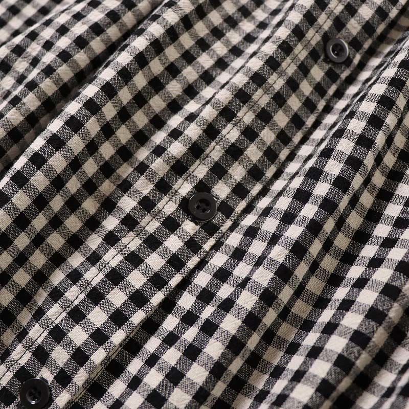 Long Sleeve Plaid Simple Buttons Ruffled Design Cotton Linen Midi Dress With Pockets - Image 16