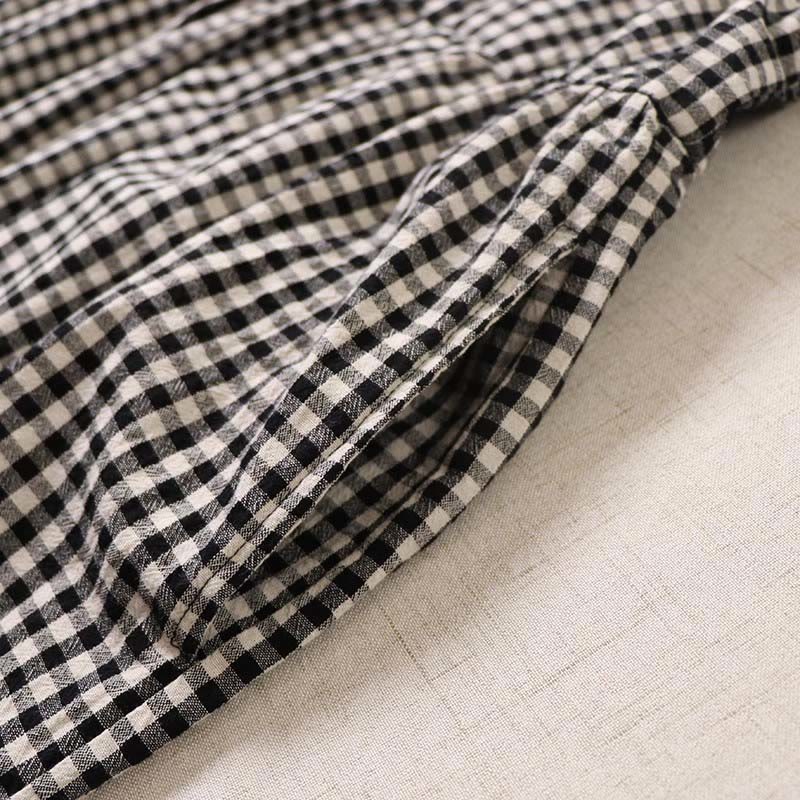 Long Sleeve Plaid Simple Buttons Ruffled Design Cotton Linen Midi Dress With Pockets - Image 19