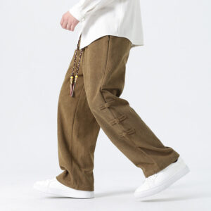 Plain Chinese Frog-Button Design Drawstring Men's Corduroy Pants With Pockets