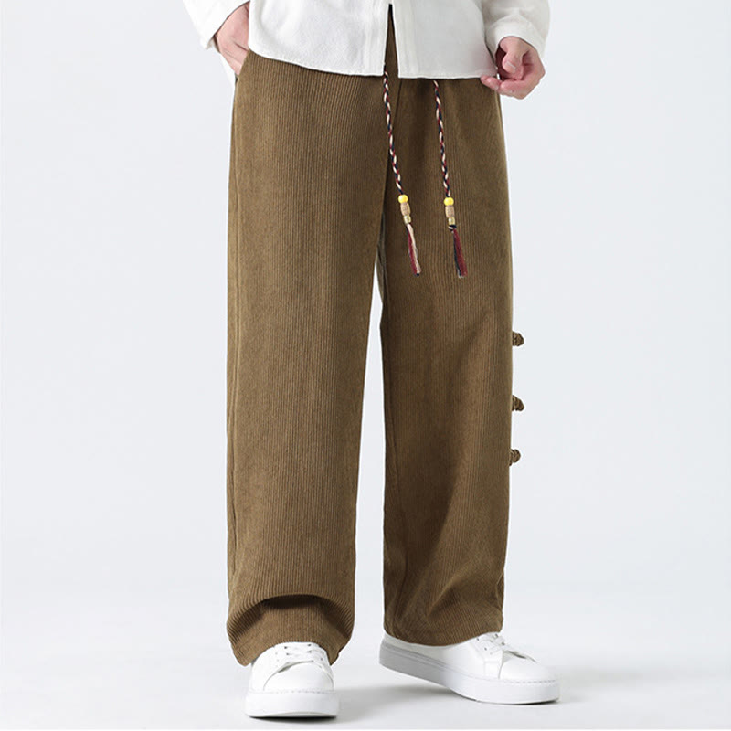 Plain Chinese Frog-Button Design Drawstring Men's Corduroy Pants With Pockets - Image 8