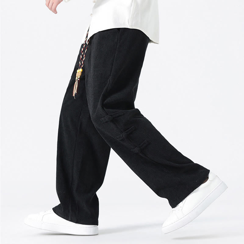 Plain Chinese Frog-Button Design Drawstring Men's Corduroy Pants With Pockets - Image 17
