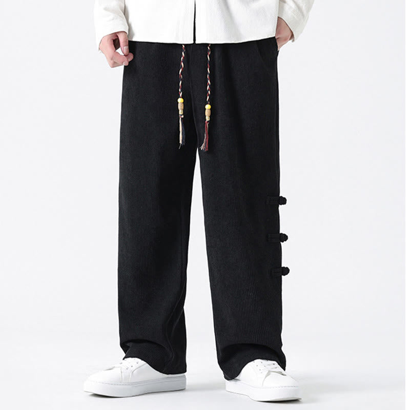Plain Chinese Frog-Button Design Drawstring Men's Corduroy Pants With Pockets - Image 18