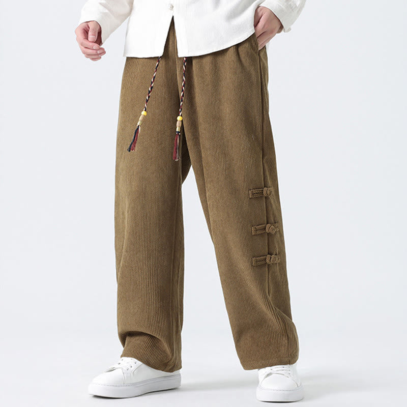 Plain Chinese Frog-Button Design Drawstring Men's Corduroy Pants With Pockets - Image 5