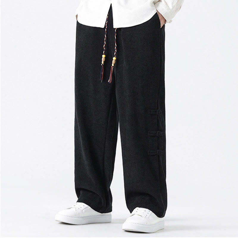 Plain Chinese Frog-Button Design Drawstring Men's Corduroy Pants With Pockets - Image 14