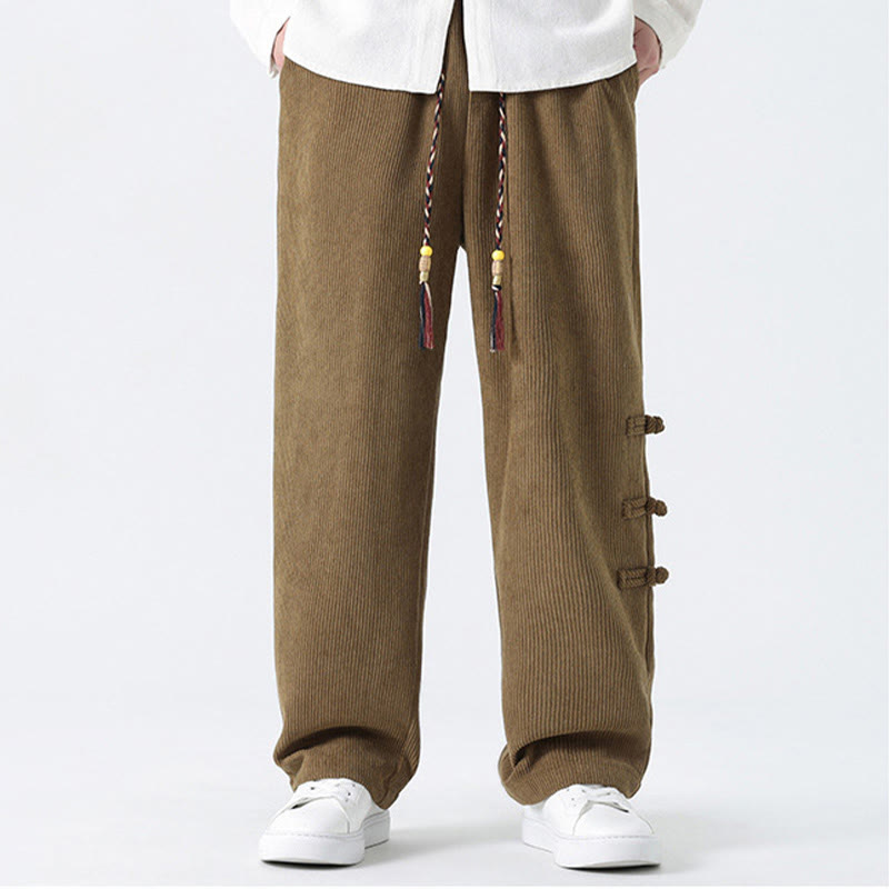 Plain Chinese Frog-Button Design Drawstring Men's Corduroy Pants With Pockets - Image 9