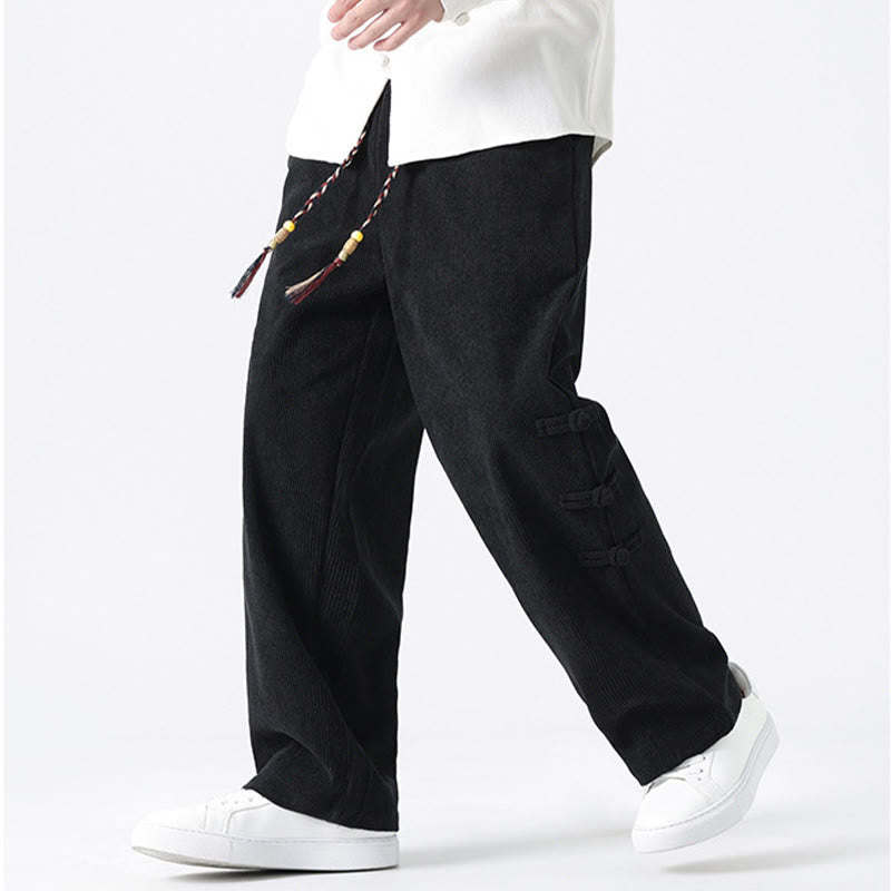 Plain Chinese Frog-Button Design Drawstring Men's Corduroy Pants With Pockets - Image 20