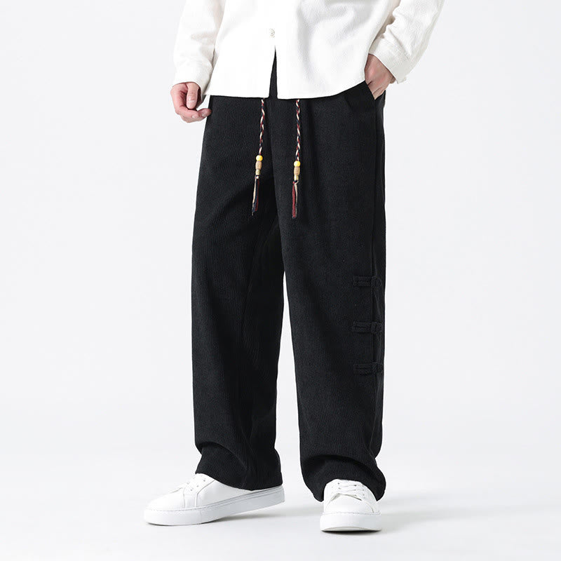 Plain Chinese Frog-Button Design Drawstring Men's Corduroy Pants With Pockets - Image 12