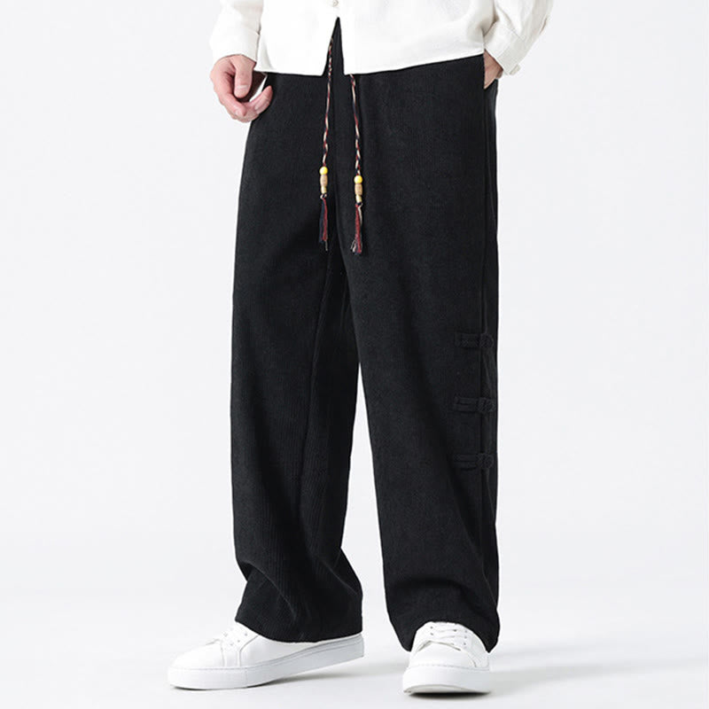 Plain Chinese Frog-Button Design Drawstring Men's Corduroy Pants With Pockets - Image 15