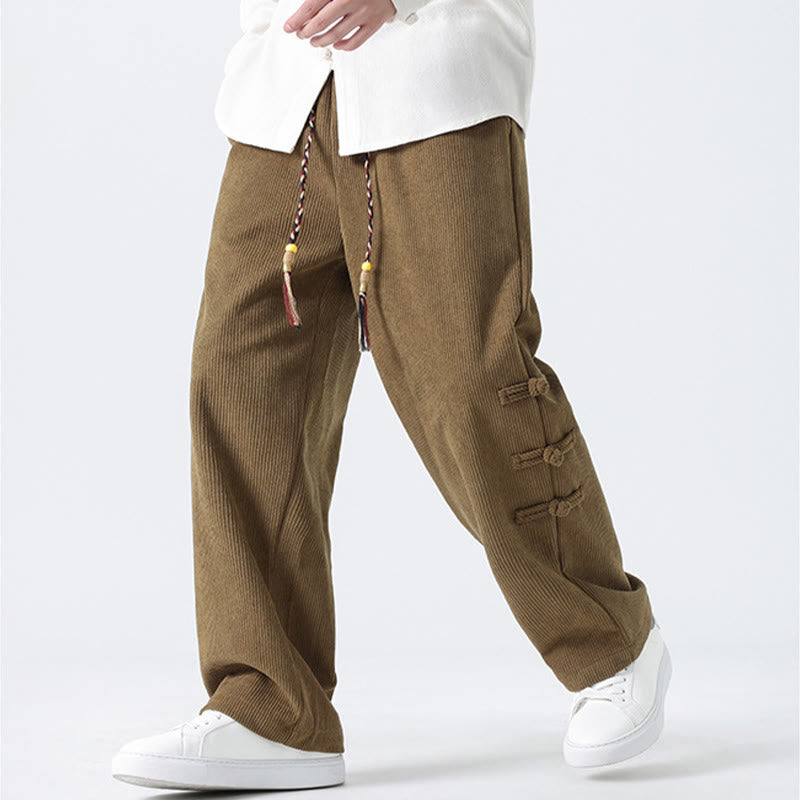 Plain Chinese Frog-Button Design Drawstring Men's Corduroy Pants With Pockets - Image 2