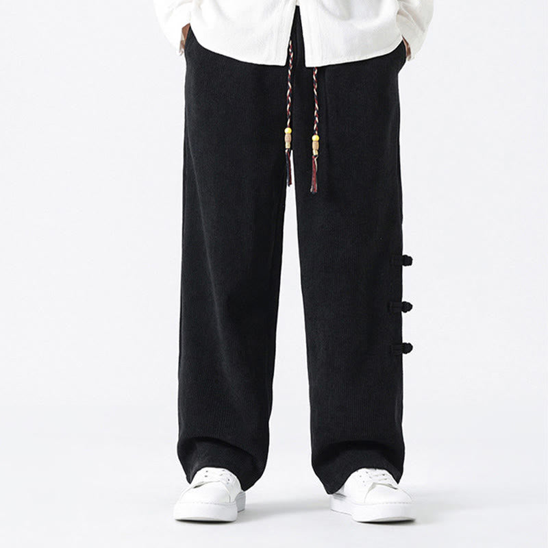 Plain Chinese Frog-Button Design Drawstring Men's Corduroy Pants With Pockets - Image 13