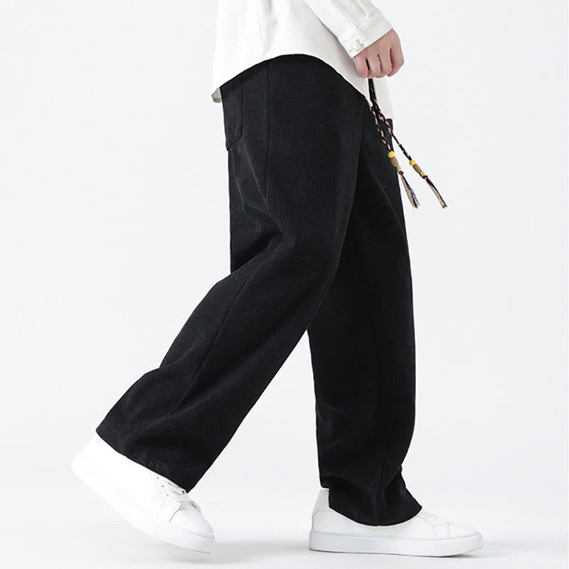 Plain Chinese Frog-Button Design Drawstring Men's Corduroy Pants With Pockets - Image 19