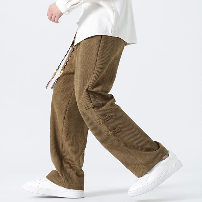 Plain Chinese Frog-Button Design Drawstring Men's Corduroy Pants With Pockets - Image 4