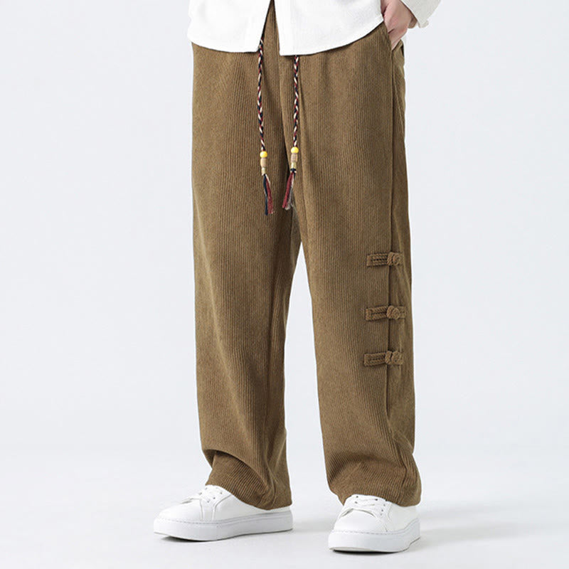 Plain Chinese Frog-Button Design Drawstring Men's Corduroy Pants With Pockets - Image 7