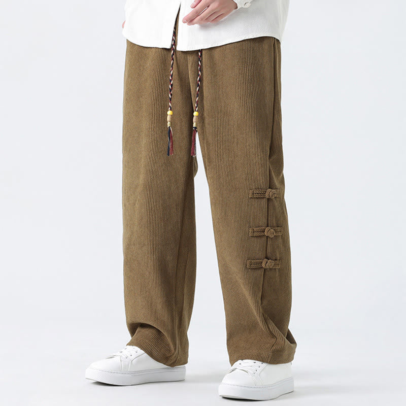 Plain Chinese Frog-Button Design Drawstring Men's Corduroy Pants With Pockets - Image 3