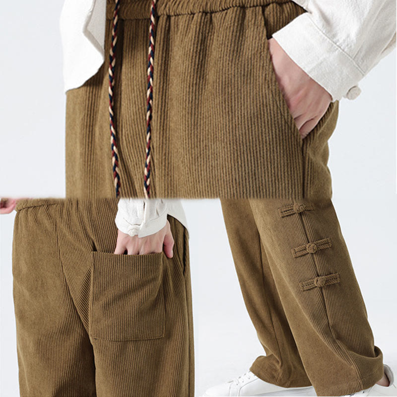 Plain Chinese Frog-Button Design Drawstring Men's Corduroy Pants With Pockets - Image 10