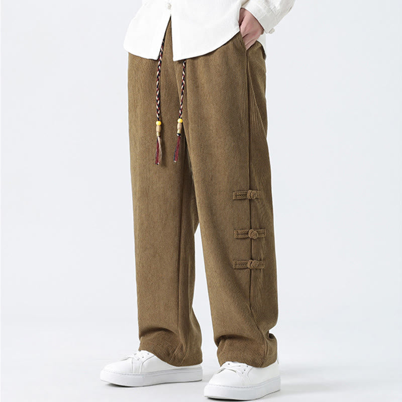 Plain Chinese Frog-Button Design Drawstring Men's Corduroy Pants With Pockets - Image 6