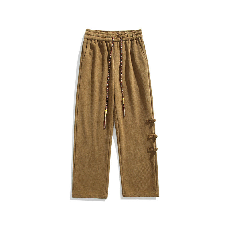 Plain Chinese Frog-Button Design Drawstring Men's Corduroy Pants With Pockets - Image 11