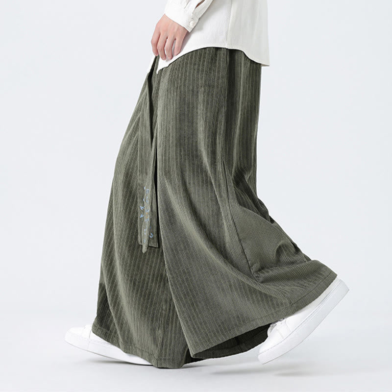 Casual Embroidery Drawstring Design Men's Corduroy Wide Leg Pants With Pockets - Image 2