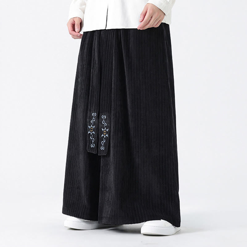 Casual Embroidery Drawstring Design Men's Corduroy Wide Leg Pants With Pockets - Image 20