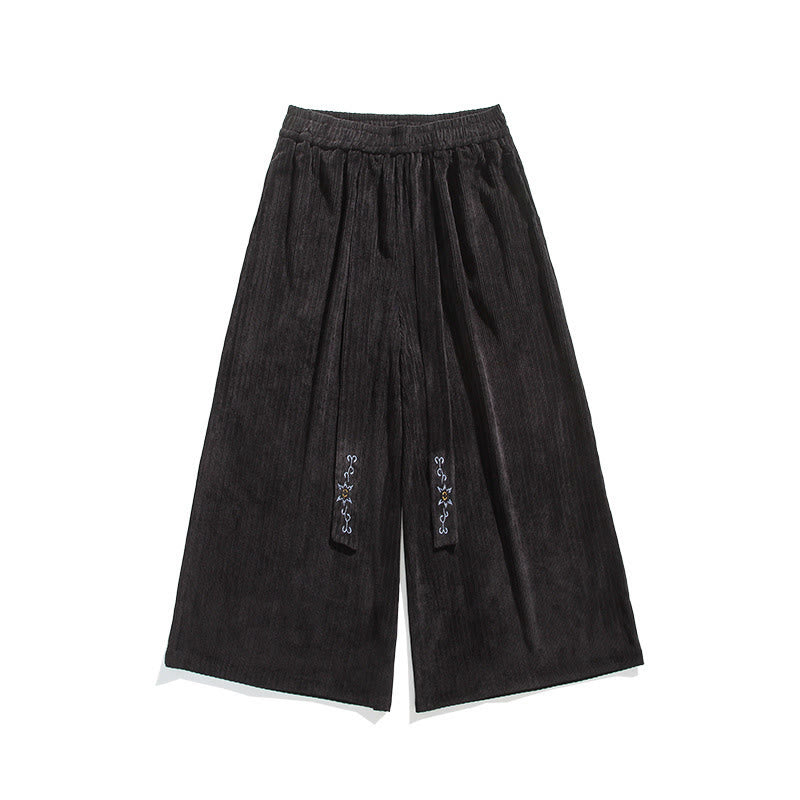 Casual Embroidery Drawstring Design Men's Corduroy Wide Leg Pants With Pockets - Image 22