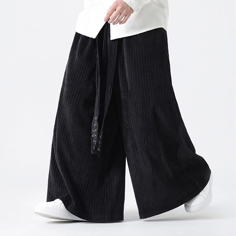 Casual Embroidery Drawstring Design Men's Corduroy Wide Leg Pants With Pockets - Image 17