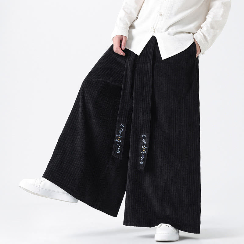 Casual Embroidery Drawstring Design Men's Corduroy Wide Leg Pants With Pockets - Image 21