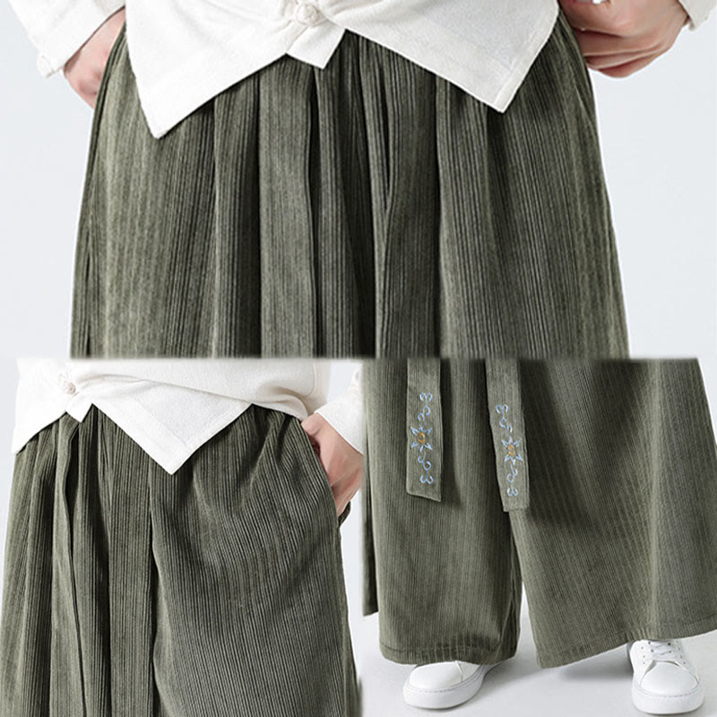 Casual Embroidery Drawstring Design Men's Corduroy Wide Leg Pants With Pockets - Image 12