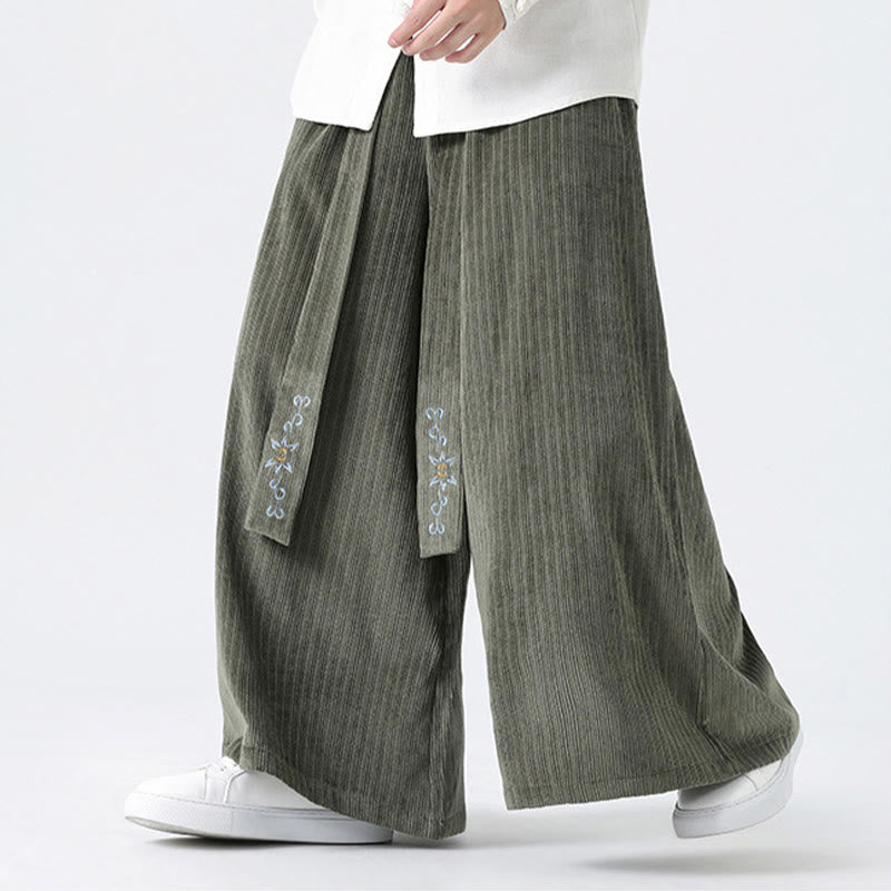 Casual Embroidery Drawstring Design Men's Corduroy Wide Leg Pants With Pockets - Image 4