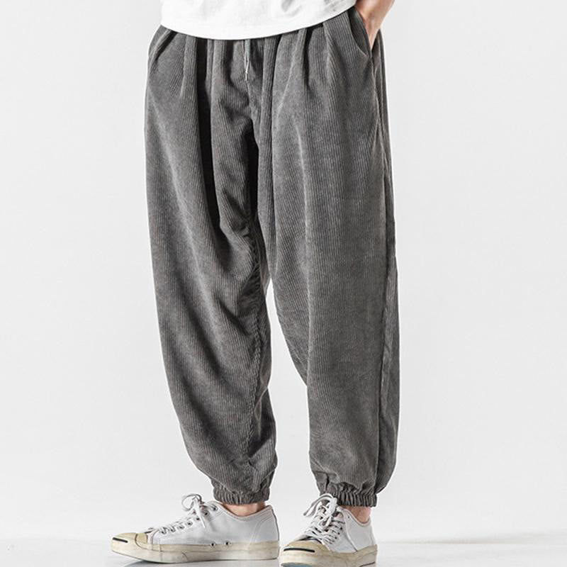 Casual Pure Color Men's Drawstring Corduroy Harem Ankle-Length Pants With Pockets - Image 4