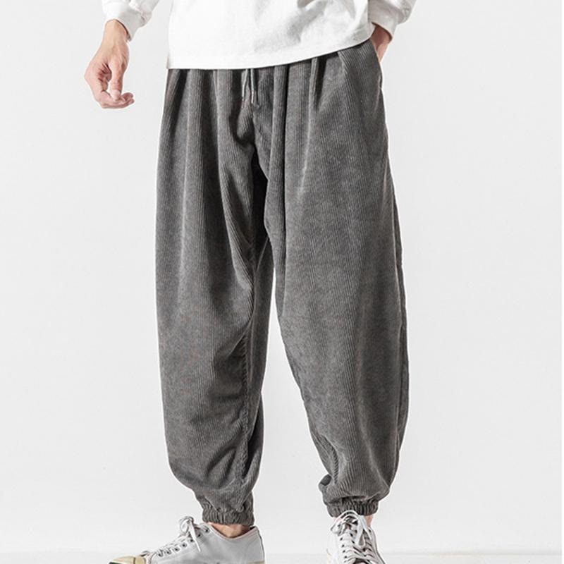 Casual Pure Color Men's Drawstring Corduroy Harem Ankle-Length Pants With Pockets - Image 3
