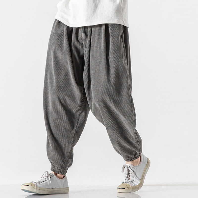 Casual Pure Color Men's Drawstring Corduroy Harem Ankle-Length Pants With Pockets - Image 5