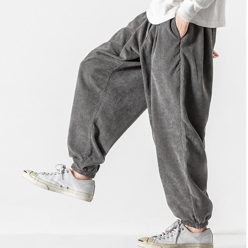Casual Pure Color Men's Drawstring Corduroy Harem Ankle-Length Pants With Pockets - Image 8