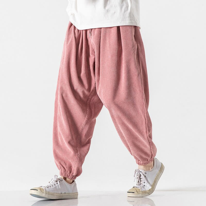 Casual Pure Color Men's Drawstring Corduroy Harem Ankle-Length Pants With Pockets - Image 28