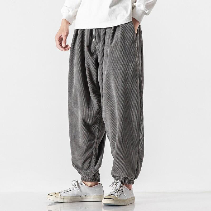 Casual Pure Color Men's Drawstring Corduroy Harem Ankle-Length Pants With Pockets - Image 2
