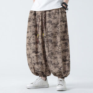 Retro Casual Drawstring Design Floral Pattern Men's Harem Pants With Pockets