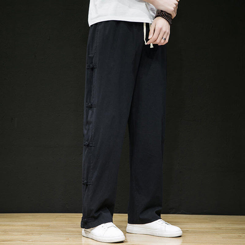 Casual Patchwork Crane Pattern Frog-Button Design Men's Wide Leg Pants With Pockets - Image 8