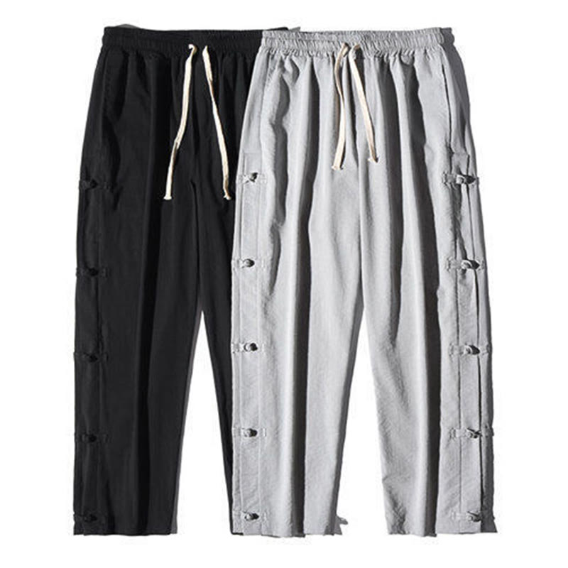 Casual Patchwork Crane Pattern Frog-Button Design Men's Wide Leg Pants With Pockets - Image 31