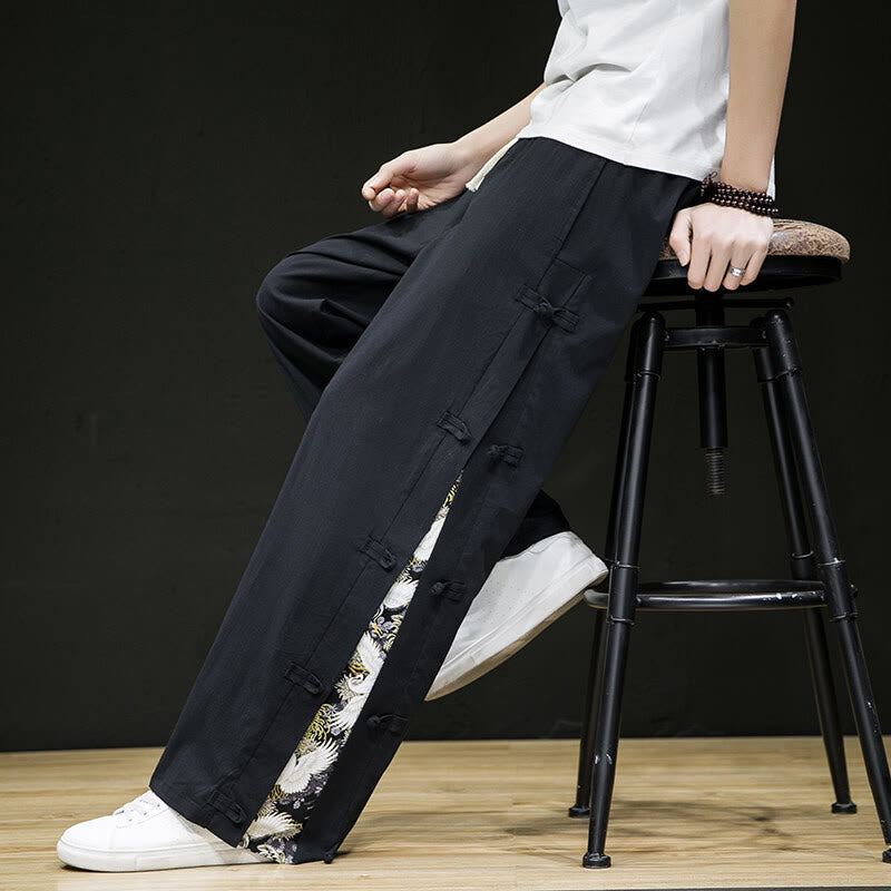 Casual Patchwork Crane Pattern Frog-Button Design Men's Wide Leg Pants With Pockets - Image 9