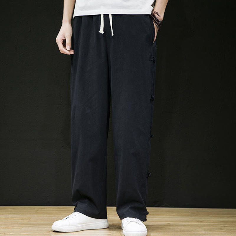 Casual Patchwork Crane Pattern Frog-Button Design Men's Wide Leg Pants With Pockets - Image 4