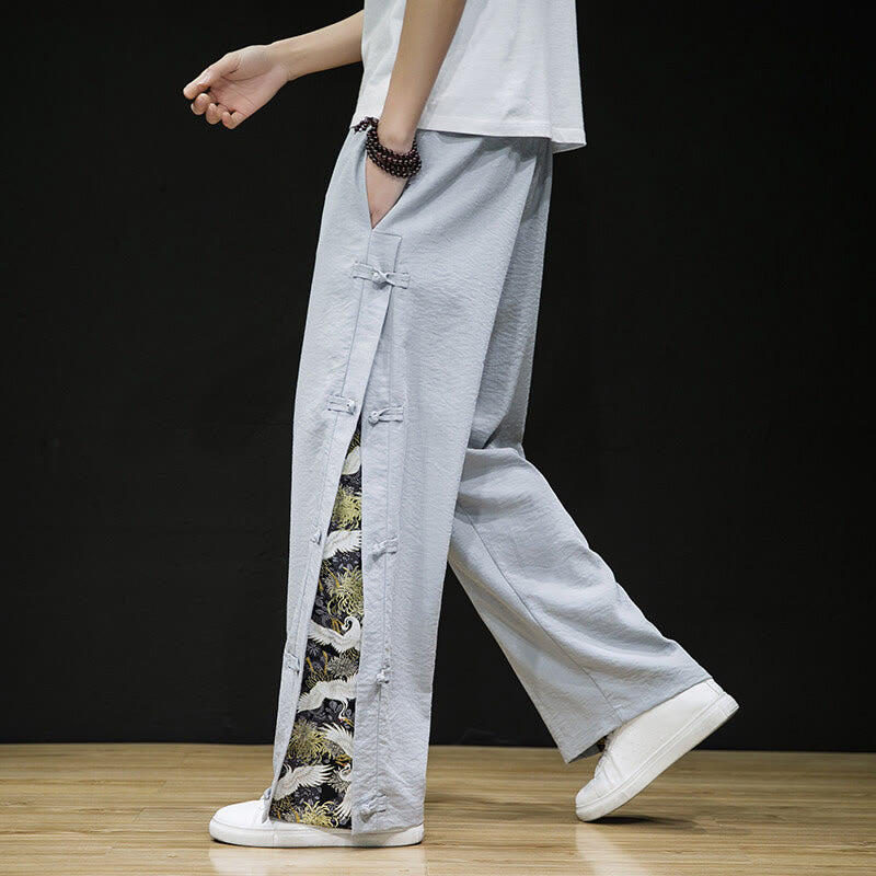 Casual Patchwork Crane Pattern Frog-Button Design Men's Wide Leg Pants With Pockets - Image 18