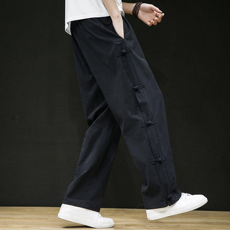 Casual Patchwork Crane Pattern Frog-Button Design Men's Wide Leg Pants With Pockets - Image 5